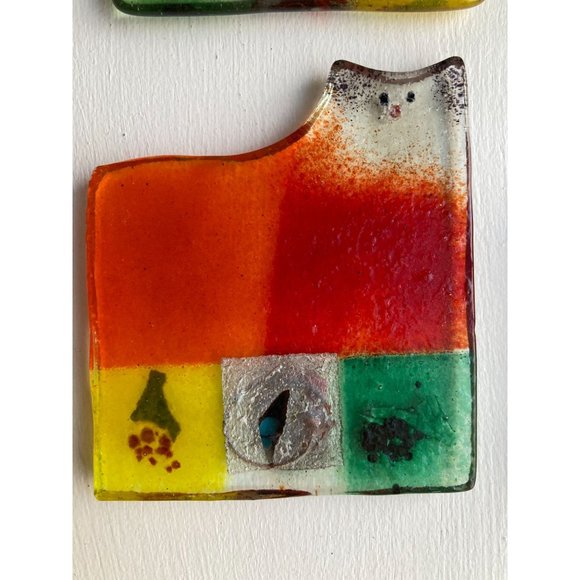 4 Art Glass Cat Kitten Decor Coaster Set Patchwork Boho Eclectic Multi Color 3.5 - Picture 11 of 14